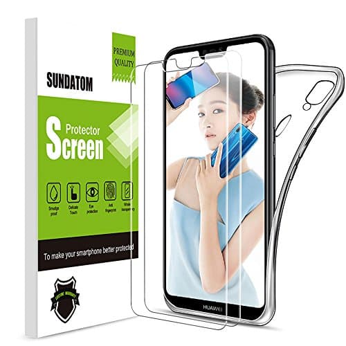 Sundatom Huawei P20 Lite Glass Screen Protector, [2 Pack] Tempered Glass Protective Film with Clear Phone Case [Shock-Proof] [Anti-Scratch] [ Anti-Shatter] For Huawei P20 Lite