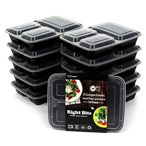 14 Pack, Right Bite, Meal Prep Containers 3 Compartment, Portion Control Food Storage, BPA Free Bento Lunch Box