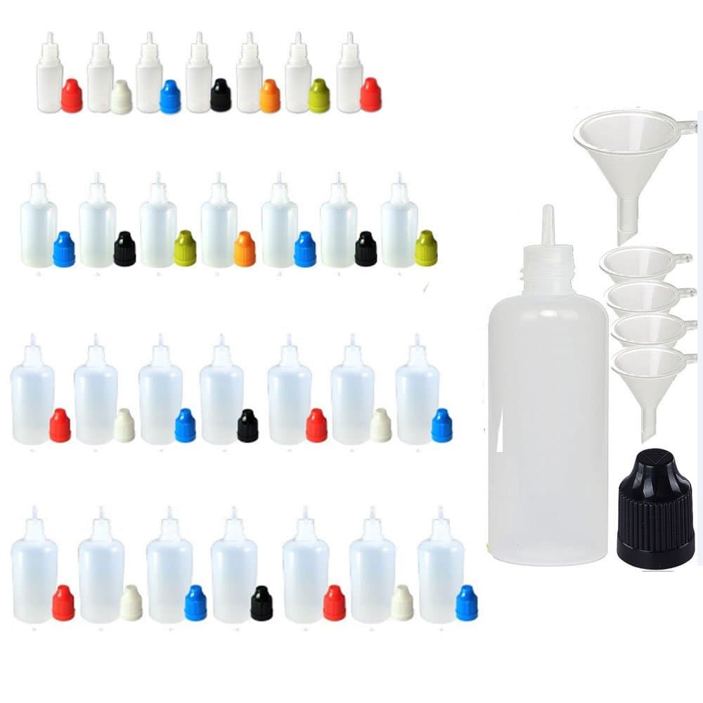 XIAONAN 10 Pack x 30ml LDPE Empty Plastic Squeezable Liquid Juice Oil Eye Dropper Bottles Jars Containers with Funnel - Long Thin Tip - CRC Child Resistant Cap(Bottles + Green Caps + Tips)