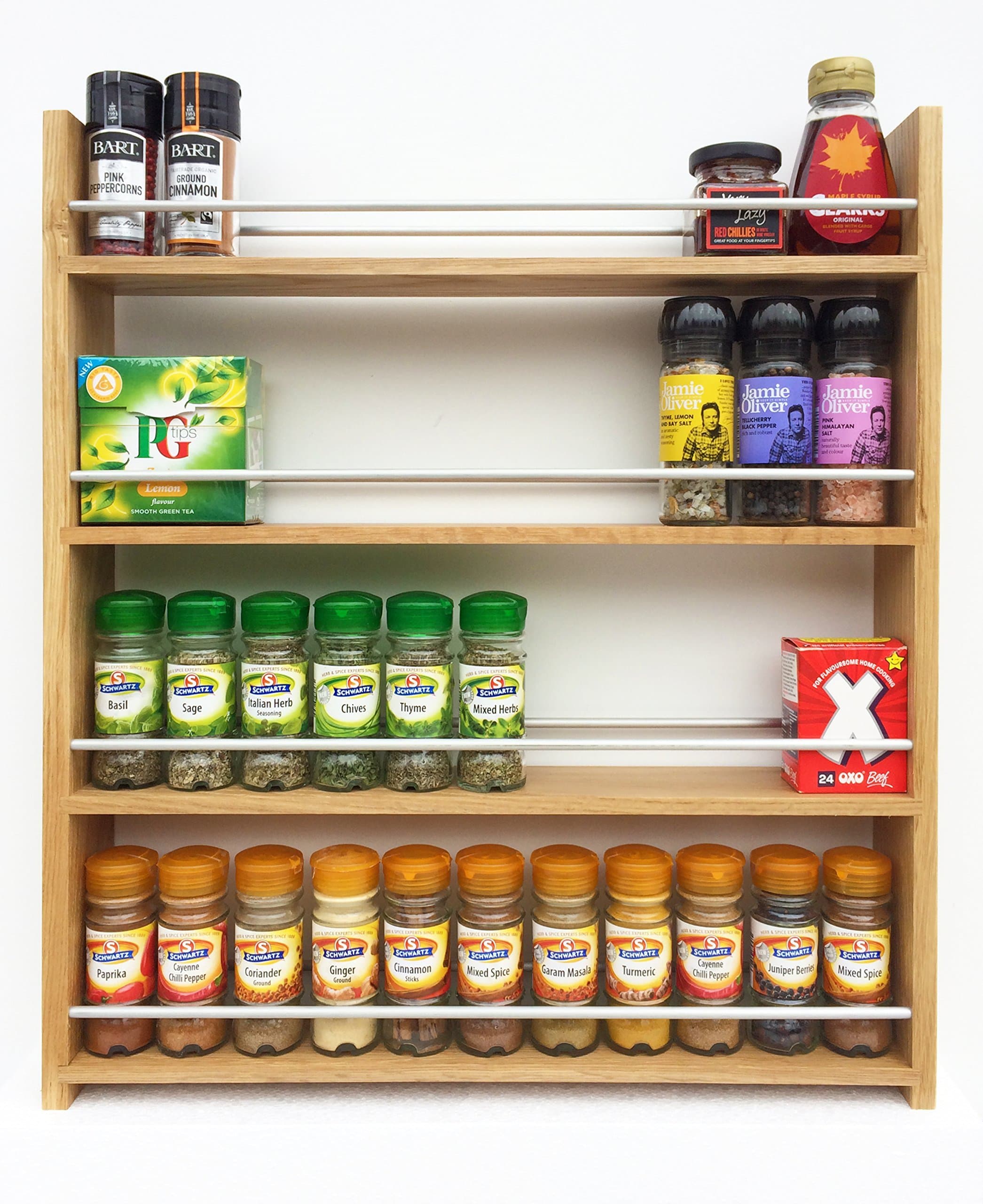 Solid Oak Spice Rack - Holds Up to 44 Spice and Herb Jars - Deeper Shelves for Bigger Jars and Bottles - 4 Tiers Freestanding on a Worktop or Wall Mounted with Wall Fixings