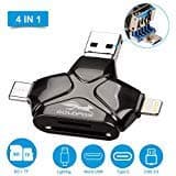 GOLDFOX SD/TF/Micro SD Card Reader for iPhone Andriod Mac Computer, 4-in-1 Memory Card Reader Adapter Trail Game Camera Viewer for iPhone iPad Smartphones with 4 Interfaces USB C/Micro USB/USB Ports