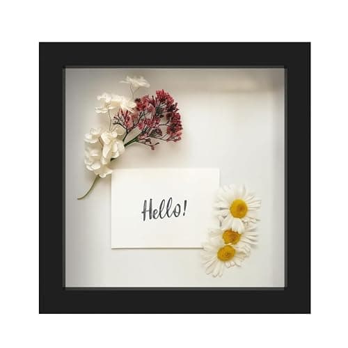 FrameWorks 8” x 8” Black Wooden Shadow Box Frame – Display Case with Soft Felt Back, Memory Box with Tempered Glass, Display Box with Elegant White Ball Push Pins, Wooden Flower Box