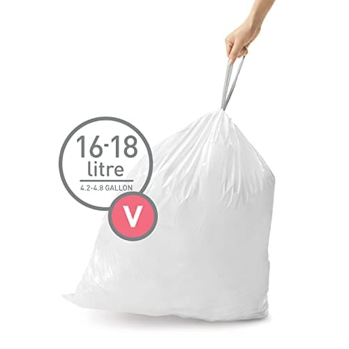 simplehuman Code V Custom Fit Drawstring, 16-18 Liter / 4.2-4.8 Gallon, 3 Refill Packs (60 Count) Trash Bag, 60 Pack, White
