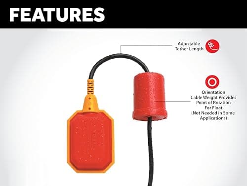 Float Switch for Sump Pump -33-Foot Water Level Sensor with Honeywell Microswitch and Adjustable Tether Length for Ground Water Bilge Pump and Water Tank – Non-Corrosive PP Casing, Rated to 13 Amps