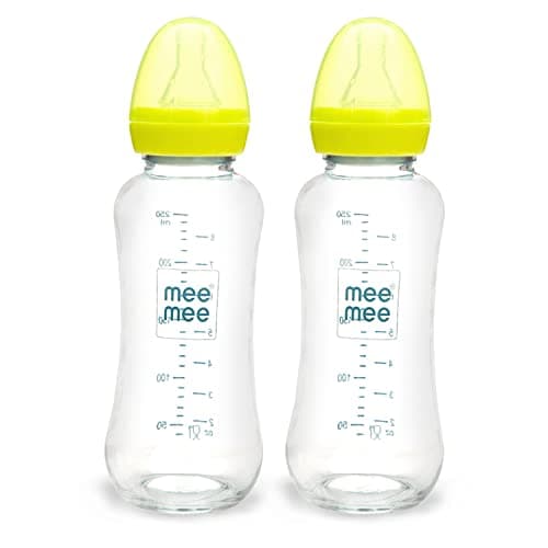 Mee Mee Premium Glass Feeding Bottle with Eazy-Flow Technology, Anti-Colic Valve,Anti Slip,BPA-Free Baby Feeding Bottle for Babies & Toddlers(Green, 240Ml,Pack of 2)