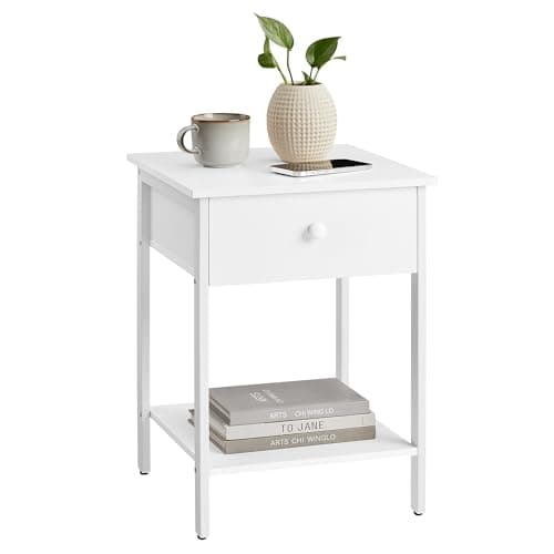 VASAGLE Nightstand, End Table, Side Table with Drawer and Shelf, 15.7 x 15.7 x 21.7 Inches, Bedroom, Steel Frame, Easy Assembly, Modern, Matte White ULET055W14