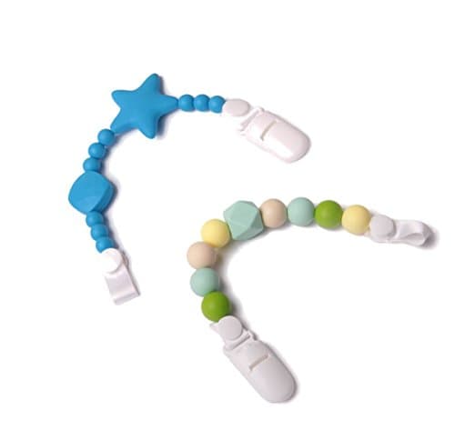 Silicone Teether Pacifier Holder Clips - by Modern Ohana - 2 Pack (Blue / Multi)