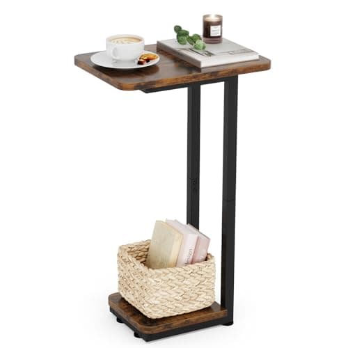 C-Shaped Small Side Table - Square Couch Coffee Tables with Metal Frame Farmhouse End Table for Living Room, Small Spaces (Rustic Brown)