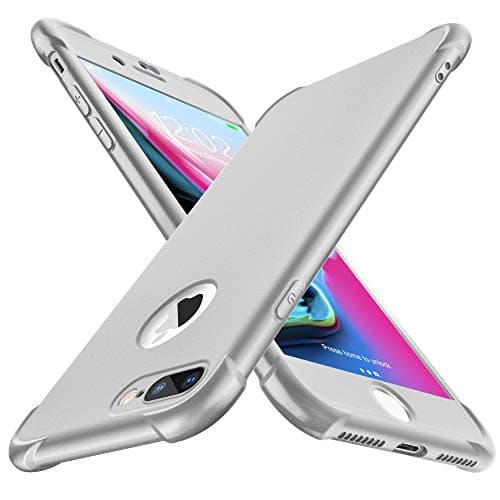 ORETECH Designed for iPhone 8 Plus Case,iPhone 7 Plus Case with [2 x Tempered Glass Screen Protector] 360° Full Body Hard PC Silicone Case for iPhone 7 Plus iPhone 8 Plus Case 5.5inch -Silver