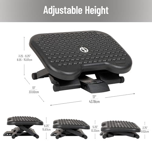 Mind Reader Foot Rest, Under Desk at Work, Ergonomic, Height Adjustable, Office, Plastic, 18" L x 13.5" W x 6.5" H, Black