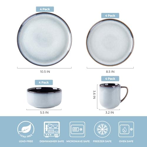 LERATIO Ceramic Dinnerware Sets for 4,16-PieceReactive Glaze Plates and Bowls Set with Mugs,Highly Chip and Crack Resistant | Dishwasher,Microwave & Oven Safe Dishes set-Gray White