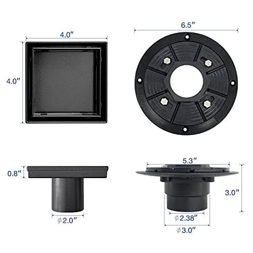 Neodrain 4-Inch Square Shower Drain with Removable Tile Insert Grate, 304 Stainless Steel, Includes Shower Drain Base Hair Strainer, Shiny Black