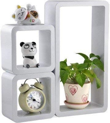 Cherry Wood MDF Cube & Rectangle Floating Wall Shelf Set of 3 Display Shelves for Home Living Room (White)