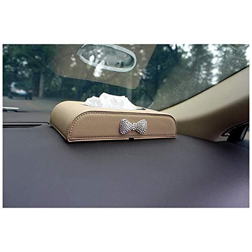 Siyibb Leather Rectangular Car Tissue Box Holder Napkin Case with Bling Bowknot Decor - Beige