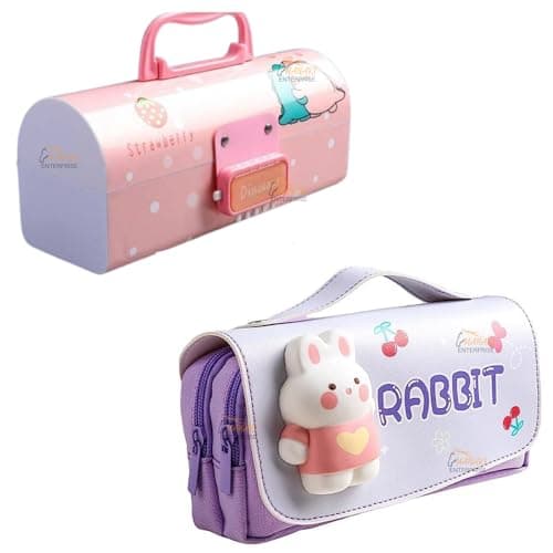 Pencil Case Style Password Lock Multi-Layer Pencil Box & 3D EVA Pencil Case Pouch for Boys Girls (Dinosuar Pink P.Box+Rabbit Pouch)