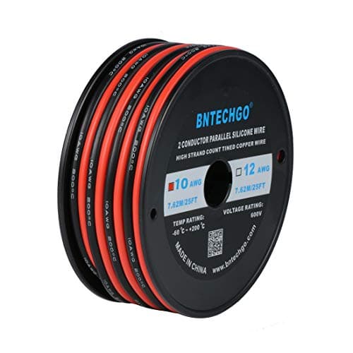 BNTECHGO 10 Gauge Flexible 2 Conductor Parallel Silicone Wire Spool Red Black High Resistant 200 deg C 600V for Single Color LED Strip Extension Cable Cord,Model,25ft Stranded Copper Wire