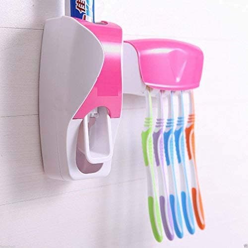 ShoppoWorld Plastic Automatic Hands Free Toothpaste Dispenser Wall Mounted Toothpaste Squeezer Dispenser with Detachable 5 Hole Toothbrush Holder (Multicolor)