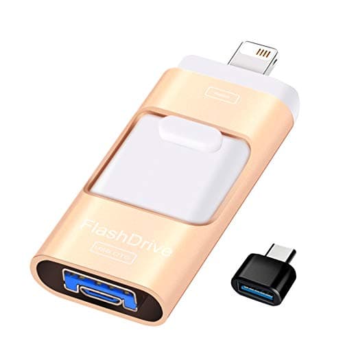 Sunany Flash Drive for iPhone 128GB, Lightning Memory Stick External Storage Thumb Drive for iPhone,iPad,Android,PC and More Devices with USB Port (128GB Gold)