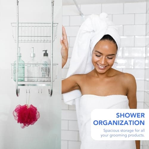 Bamodi Shower Caddy Hanging - 2-Tier Over Door Shower Basket Chrome-Plated - No Drilling Required - Fits Screens up to 2 cm - Hangable Shower Rack with 2 Towel Hooks (70 x 19 x 18.5 cm)