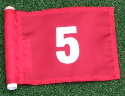 ShopTJB White Numbered #5 Printed on a Solid Red Jr. (8" L x 6" H) 400 Denier Pin Marker Flag for Golf & Putting Green Applications