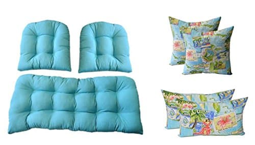 3 Pc Wicker Cushion Set - Solid Cancun Blue Cushions + 4 Tropical Postcard Pillows - Indoor / Outdoor Fabric