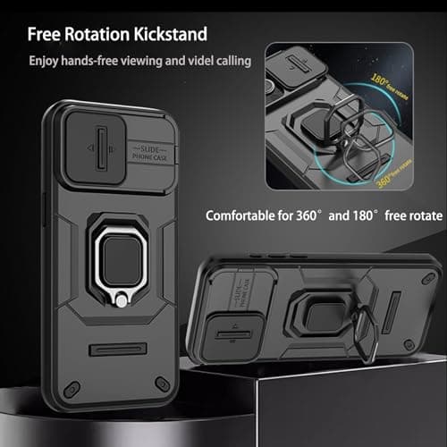 for iPhone 15 Pro Max Case with Sliding Camera Cover and 360° Rotate Ring Kickstand Heavy Duty Protective Shockproof Protective Phone Case for iPhone 15 Pro Max Cover,Black
