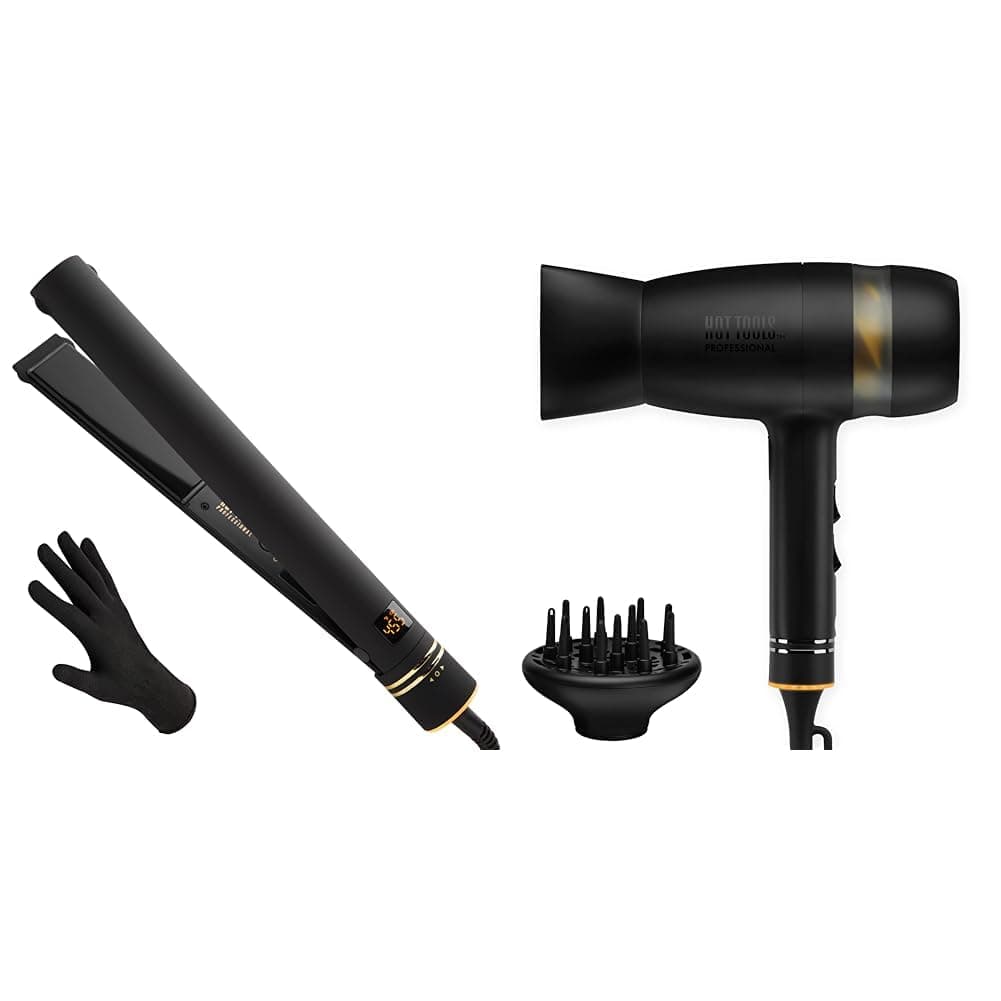 Black Gold Evolve Ionic Flat Iron for Long-Lasting Straightening, (1-1/4 in) & Quietair Power Dryer for Powerful Zen Drying Experience