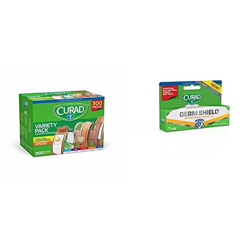 Curad Assorted Bandages Pack 300 Pieces waterproof with Solution Antimicrobial Gel 0.50 oz
