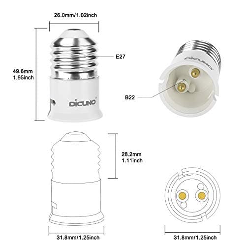 DiCUNO E27 to B22 6pcs Socket Adapter Socket Converter Adapter Lamp Base for LED Bulbs and Incandescent Bulbs and Compact Fluorescent Bulbs