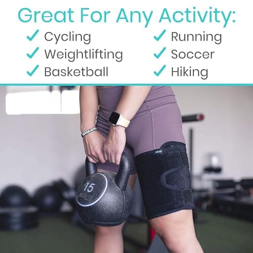 VIVE Thigh Brace Hamstring Quad Wrap Adjustable Compression Sleeve Support For Pulled Groin Muscle Sprains Quadricep Tendinitis Workouts Cellulite Slimmer Sports Injury Recovery Single Black