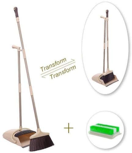 Transmutable in Length Long Handle Broom and Dustpan Set - 3 Poles (48'') & 2 Poles (35.2'') - Indoor Upright Standing Collapsible Lobby Broom for Home Office Kitchen with Hand Scrub Brush(Beige)