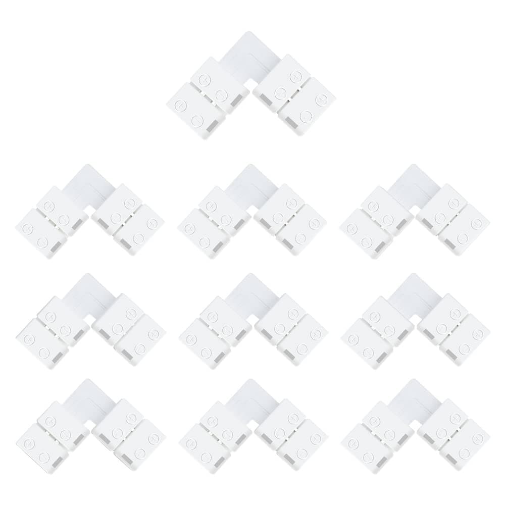LightingWill 10 Pack L Shape Solderless Snap Down 2 Conductor LED Strip Connector for Right Angle Corner or 90degree Turning Connection of 8mm Wide 3528 2835 Single Color Flex LED Strips [Energy Class G]