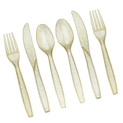 Prestee 180-Piece Gold Plastic Silverware Set - Durable Plasticware Includes 60 Forks, 60 Knives, 60 Spoons - Fancy, Disposable Plastic Utensils and Flatware for Weddings, Parties, and Holidays