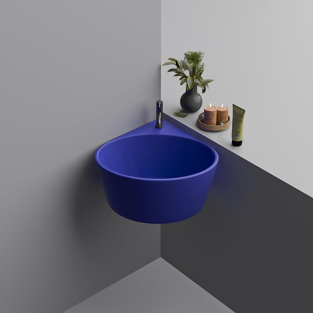 Ceramic Corner Basin/wall Mount Basin for Bathroom/wall Hung Wash Basin/small Corner Sink (Blue)