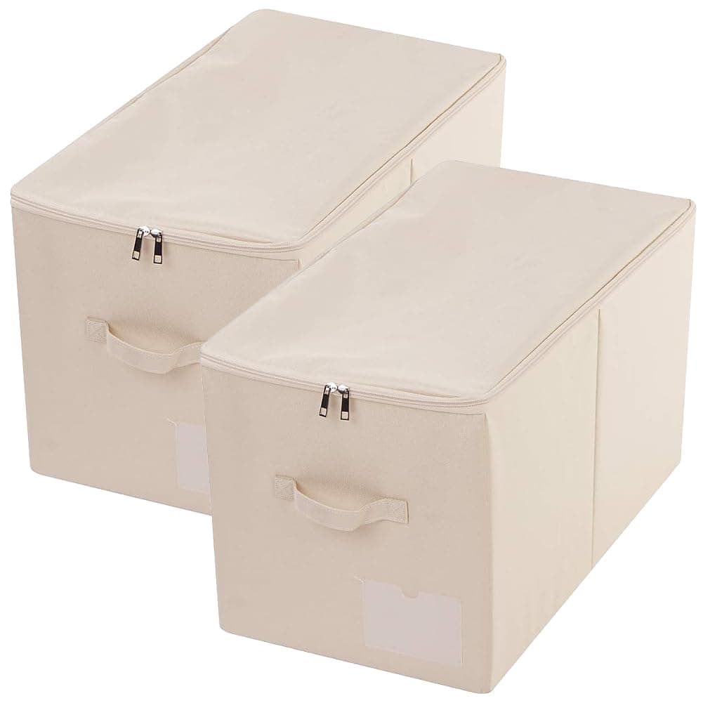 Pack of 2, Zip Lidded Wardrobe Storage Bins,Collapsible Fabric Storage Boxes for Clothing, Bedding, Toys, Blankets Organizer, Foldable & Washable, Beige