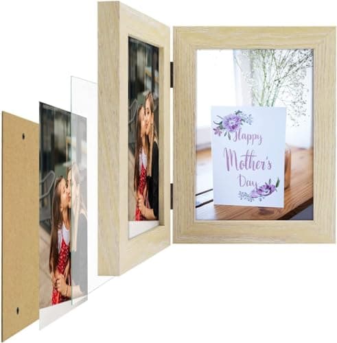 Frametory, 5x7 Double Picture Frame Hinged Photo Frames Two Folding Frame Desktop Glass Frame Vertical (Beige, 5x7 Double)