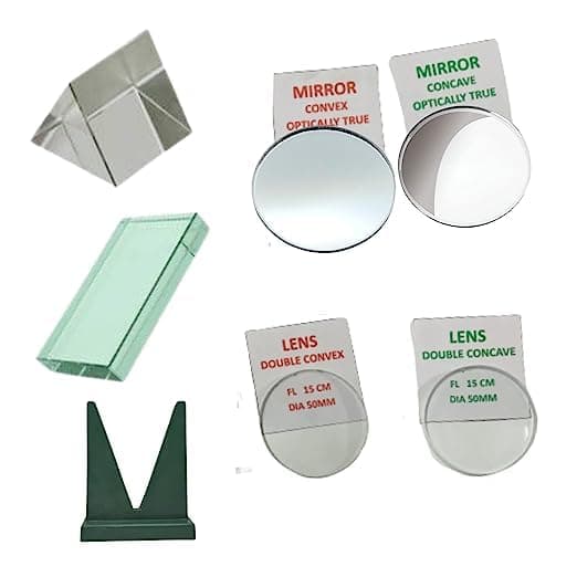 - Optics Activity Set – 7 Piece Light Experiment Kit with Different Lens, Prism, Glass Slab & Mirror Stand for School & College Science Learning