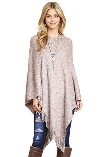 MYS CollectionClassic Soft Knit Poncho Shawl Wrap - Basic Warm Pullover Fringe Tassel Sweater Chunky Crochet, Plain V-Neck
