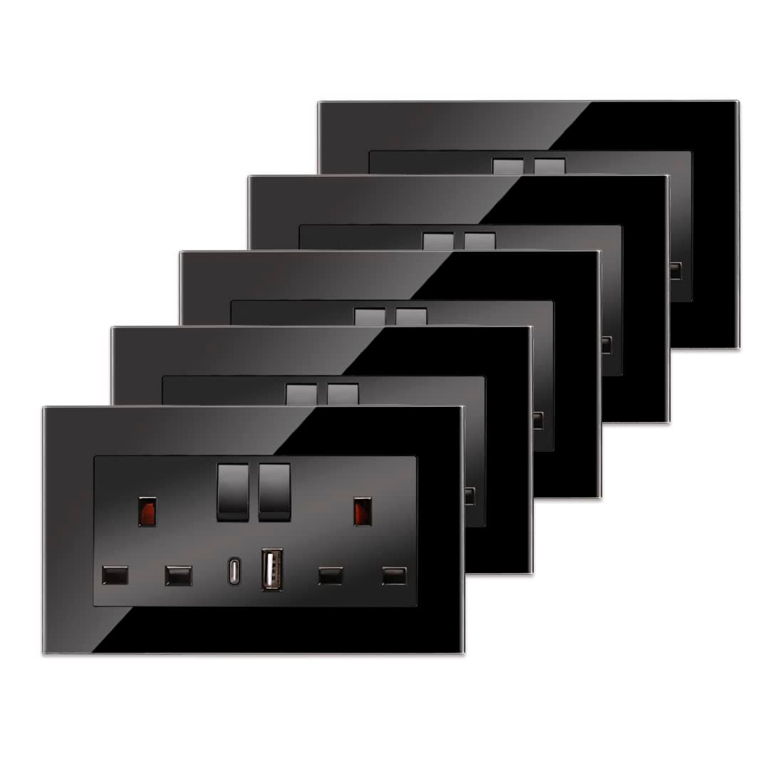 CNBINGO 5 Pack Glass Double Switched Socket with USB-A and Type-C Charging Ports (Output 2.1A), Black Crystal Glass Panel Wall Outlet, 2 Gang 13 Amp Electric Power Socket