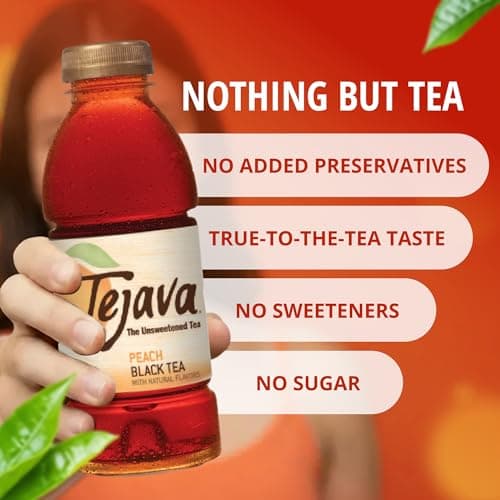 Tejava Peach Black Iced Tea, 6 Pack, 16.7oz PET Bottles, Unsweetened, Non-GMO, Kosher, No Sugar or Sweeteners, No calories, No Preservatives, Brewed in Small Batches