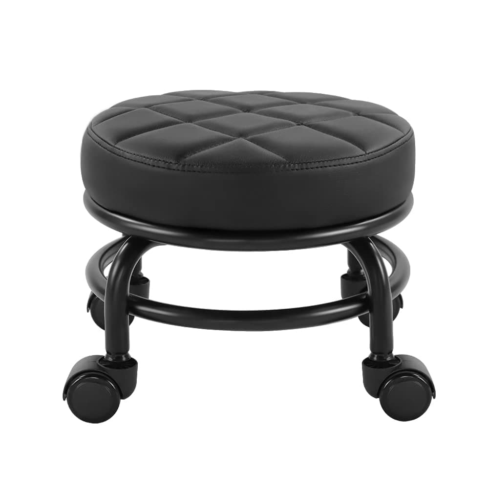 FURWOO Roller Seat PU Leather Low Round Rolling Floor Stool with Universal Caster Wheels for Home Fitness Sport Pedicure Stool, H:25.5cm(Black)