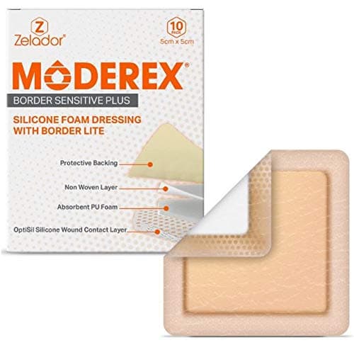– Silicone Lite Foam Dressing (Moderex Border Sensitive Plus) with Border for Light to Moderate exuding Wounds for Sensitive Skin (20x10cm x 5)