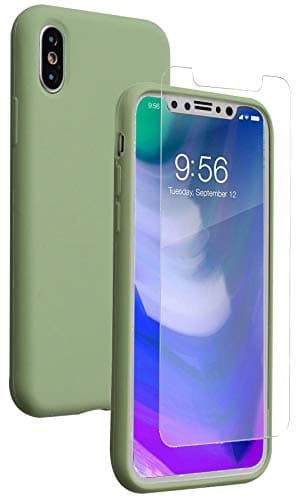 iPhone X Case, Soft Liquid Silicone Phone Case with [Free Tempered Transparent Glass Screen Protector] Gel Rubber Shockproof Cover Full Protective Case for Apple iPhone X (Green)