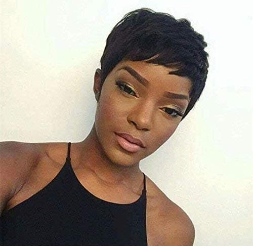 VRZ Human Hair Short Pixie Wigs with Bangs Pixie Cut Short Hair Wigs Black Layered Pixie Wavy Wigs for Women (PIXIE SHORT)