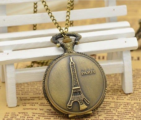 Vintage Style Unique Retro Design Bronze Eiffel Tower Pattern Cover Full Hunter Quartz Pocket Watch Necklace