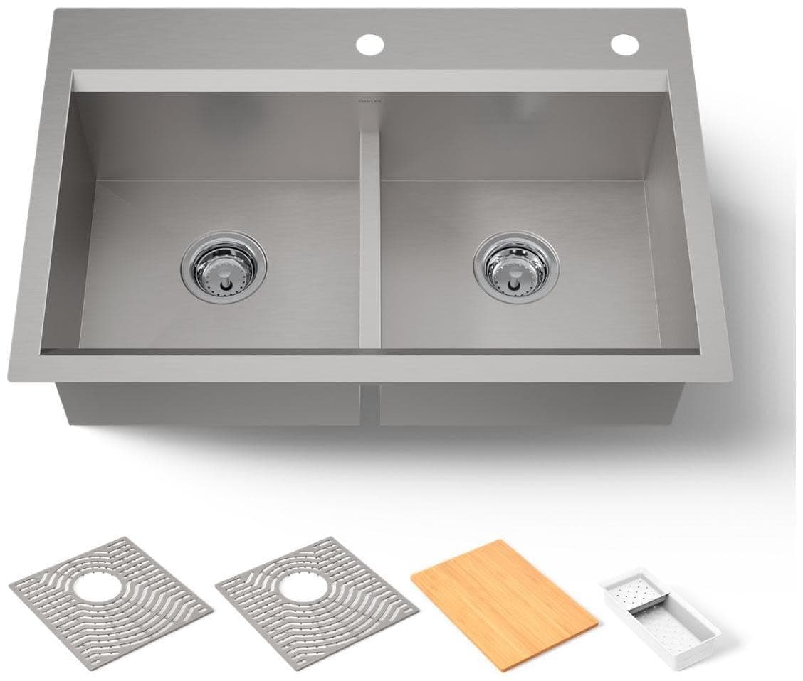 KOHLER 80085-2PC-NA Task™ 33" Smart Divide Top-/Undermount Double-Bowl Workstation Kitchen Sink, Includes Workstation Sink Accessories, Stainless Steel, 2 Faucet Holes