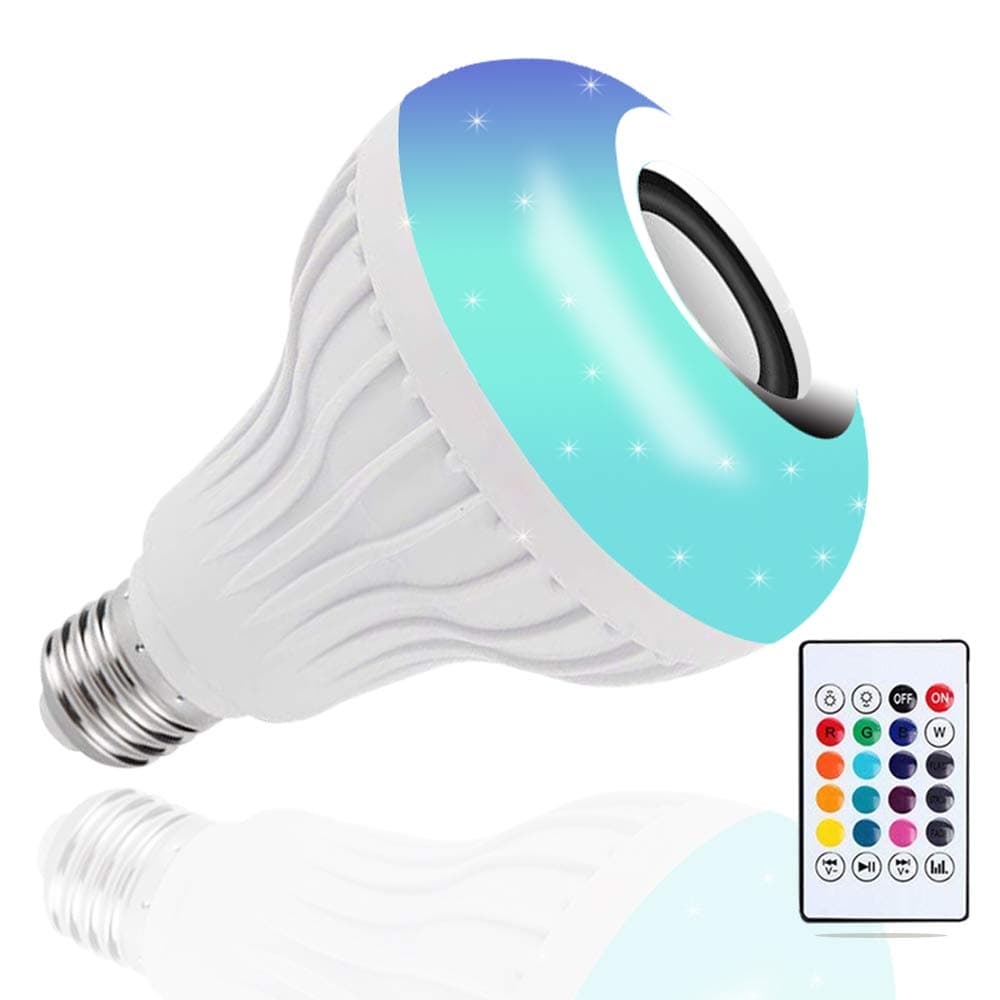 LED Light Bulb Bluetooth Speaker, E26/E27 RGB Changing Lamp Wireless Stereo Audio with 24 Keys Remote Control, Home Entertainment, Halloween Christma