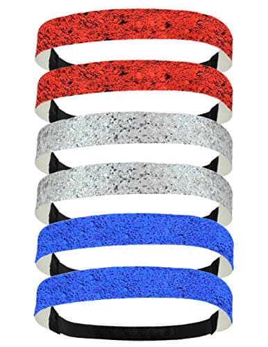 6 Pack: Glitter Headbands 3/4" Elastic Back Multiple Colors Available (One Size, Red/Silver/Royal)