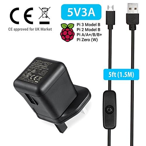 UK Power Adapter for Raspberry Pi 3 Model B B+ Power Supply, 5v 3a Universal USB Wall Charging Adapter Plug with 1.5m Extra Long On Off Switch Micro USB Cable Compatible with iPhone and Samsung
