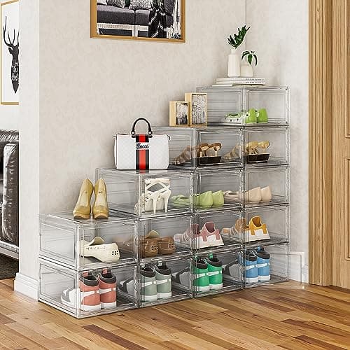 FUNLAX Shoe Box, 6 pcs Shoe Storage Boxes Clear Stackable Plastic,Shoe Organizer Containers with Magnetic Door for Men/Women 34.5 x 27 x 19 cm